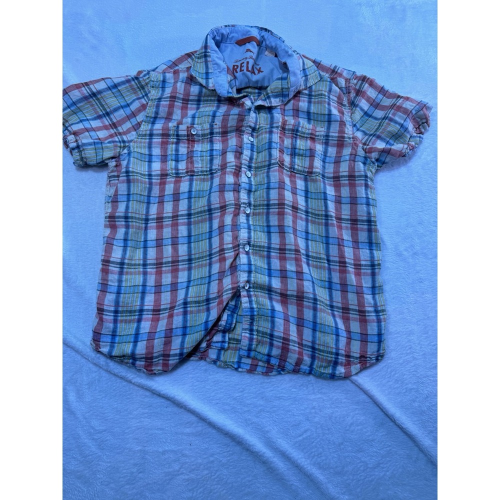 Tommy Bahama Relax Shirt Mens 100% Linen Multicolor Plaid Short Sleeve Button L